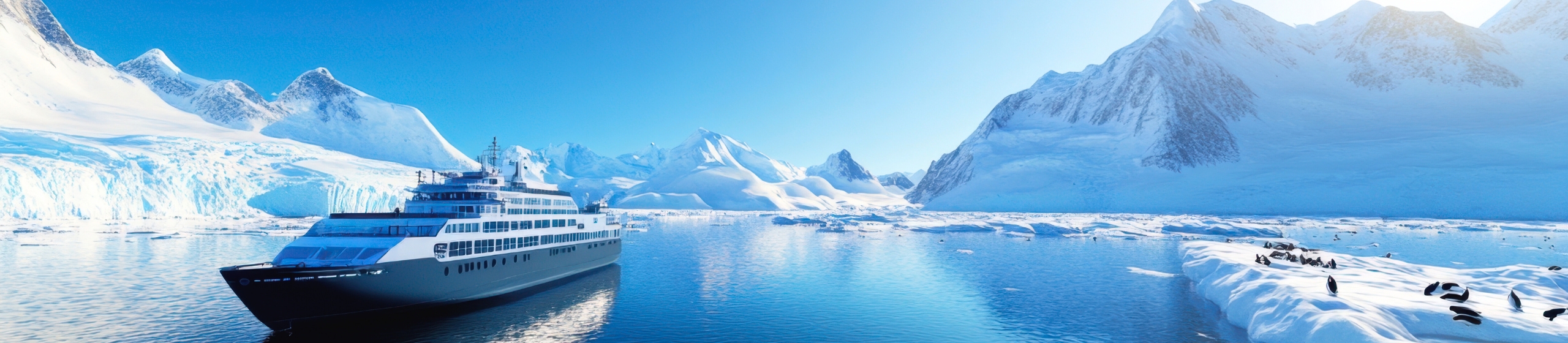 Panoramic Antarctica Landscape with glaciers, snow-covered mountains and an expedition cruise ship sailing through icy blue waters.